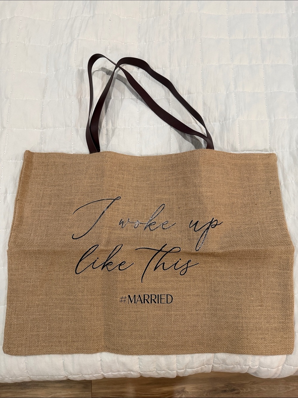 Text Print Burlap Tote "I woke up like this" - #MARRIED